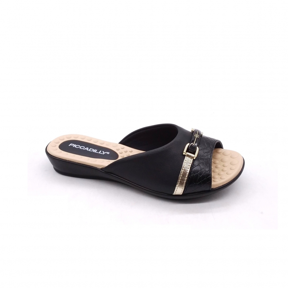 Tamanco Feminino Piccadilly 500375 - PRETO / PRETO CROCO / DOURADO