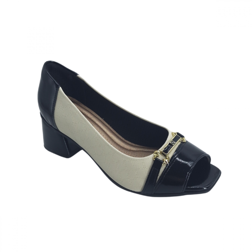 Peep Toe Piccadilly 715029 - OFF WHITE / PRETO VZ / DOURADO